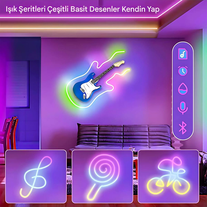 5v Rgb Neon Şerit Led Lamba 5m Telefon Ve Kumanda İle Kontrol Sınırsız Renk Tak Çalıştır