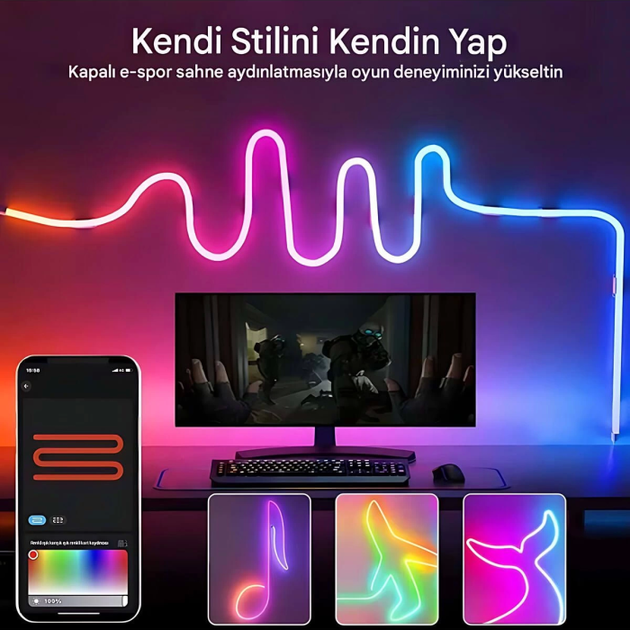 5v Rgb Neon Şerit Led Lamba 5m Telefon Ve Kumanda İle Kontrol Sınırsız Renk Tak Çalıştır
