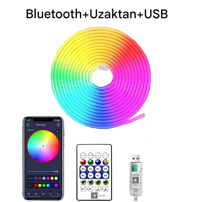 5v Rgb Neon Şerit Led Lamba 5m Telefon Ve Kumanda İle Kontrol Sınırsız Renk Tak Çalıştır