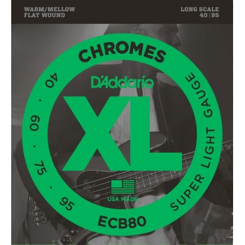 DAddario ECB80 XL Chromes Flatwound Bas Gitar Tel Seti (Profesyonel) | Super Light 40-95 Kalınlık, Pürüzsüz Yüzey ve Klasik Sıcak Jazz Tonları