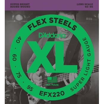 DAddario EFX220 FlexSteels Bas Gitar Tel Seti - 40-95 Super Light (Profesyonel) | Esnek Çelik Alaşım, Parlak Ton Karakteri ve Derin Harmonik Zenginlik
