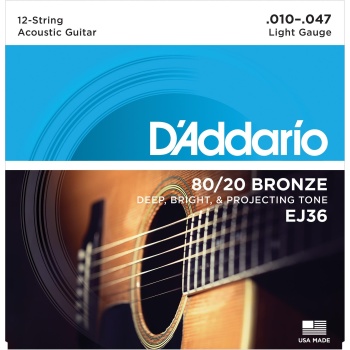 DAddario EJ36 80/20 Bronze 12 Telli Akustik Gitar Tel Seti - 10-47 Light (Profesyonel) | 12 Telli Gitar Uyumu, Zengin Koro Etkisi ve Parlak Akustik Sesler