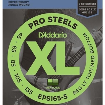 DAddario EPS165-5 XL ProSteels 5 Telli Bas Gitar Tel Seti - 45-135 (Profesyonel) | Paslanmaz Çelik ile Yüksek Manyetik Çıkış, Keskin Tizler ve 5 Telli Baslar İçin İdeal Uzunluk
