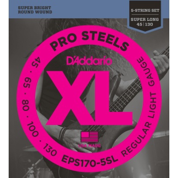 DAddario EPS170-5SL XL ProSteels 5 Telli Bas Gitar Tel Seti - 45-130 Regular Light (Profesyonel) | Super Long Scale (Ekstra Uzun), Paslanmaz Çelik Yapı ve Yüksek Manyetik Çıkış