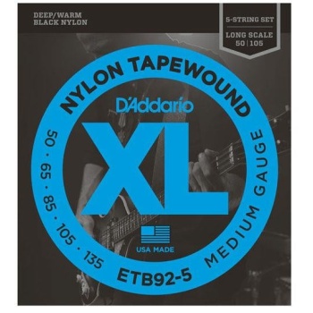 DAddario ETB92-5 XL Nylon Tapewound 5 Telli Bas Gitar Tel Seti - 50-135 Medium (Profesyonel) | Siyah Naylon Sargı, Sıcak ve Perküsyif Ton, Pürüzsüz Yüzey ve Uzun Ömürlü Yapı