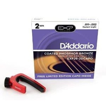DAddario EXP26-2DCAPO EXP Serisi Akustik Gitar Tel Seti (11-52 - Coated Phosphor Bronze - 2 Set + Capo)