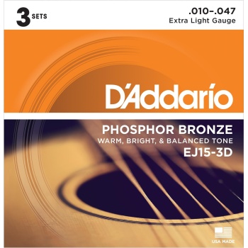 DAddario EJ15-3D Phosphor Bronze Serisi Akustik Gitar Tel Seti (Extra Light - 10-47 - Phosphor Bronze)