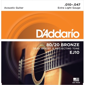 DAddario EJ10 Phosphor Bronze Serisi Akustik Gitar Tel Seti (Extra Light - 10-47 - 80/20 Bronze)