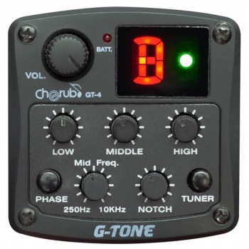 Cherub GT-4 Akustik Gitar Preamfi ve Tuner (Profesyonel - Dahili Gitar Elektroniği) | 3-Band EQ (Bass/Middle/Treble), Presence Kontrolü, LCD Ekranlı Kromatik Tuner, Faz Switch | Ölçüler: Standart Montaj Paneli