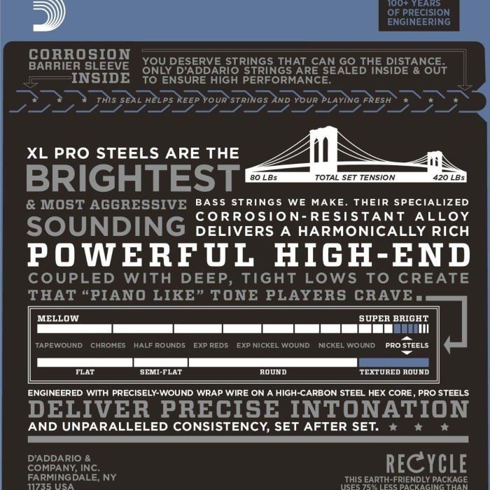 DAddario EPS220 XL ProSteels Serisi Bas Gitar Tel Seti (Long Scale - 40-95 - Paslanmaz Çelik)