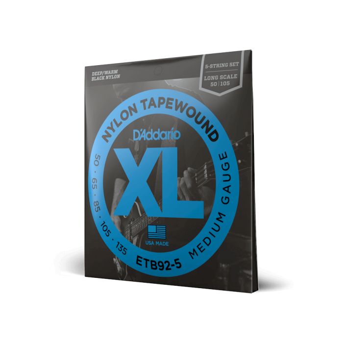 DAddario ETB92-5 XL Nylon Tapewound 5 Telli Bas Gitar Tel Seti - 50-135 Medium (Profesyonel) | Siyah Naylon Sargı, Sıcak ve Perküsyif Ton, Pürüzsüz Yüzey ve Uzun Ömürlü Yapı