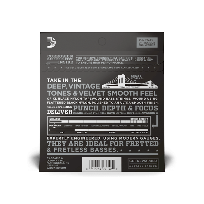 DAddario ETB92-5 XL Nylon Tapewound 5 Telli Bas Gitar Tel Seti - 50-135 Medium (Profesyonel) | Siyah Naylon Sargı, Sıcak ve Perküsyif Ton, Pürüzsüz Yüzey ve Uzun Ömürlü Yapı