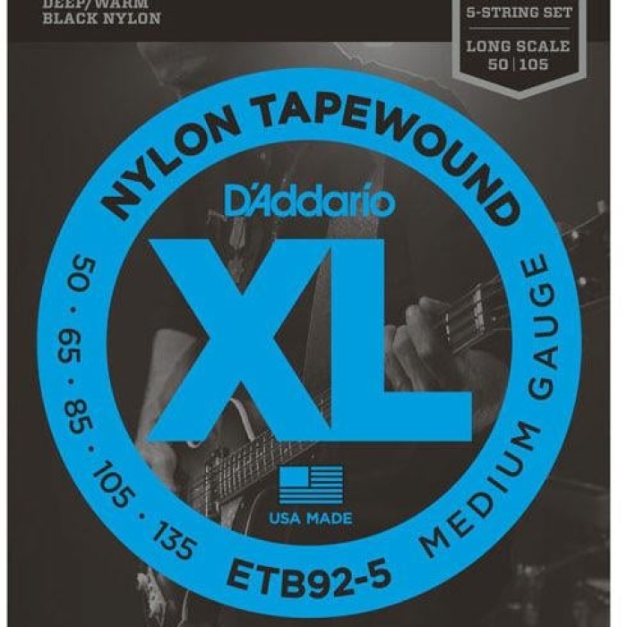 DAddario ETB92-5 XL Nylon Tapewound 5 Telli Bas Gitar Tel Seti - 50-135 Medium (Profesyonel) | Siyah Naylon Sargı, Sıcak ve Perküsyif Ton, Pürüzsüz Yüzey ve Uzun Ömürlü Yapı
