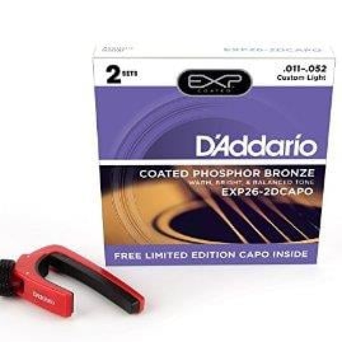 DAddario EXP26-2DCAPO EXP Serisi Akustik Gitar Tel Seti (11-52 - Coated Phosphor Bronze - 2 Set + Capo)