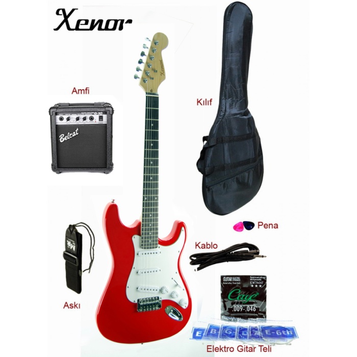 Xenon XNE3RDSET Elektro Gitar Başlangıç Seti (Kırmızı) | Eğitim İçin İdeal Paket, 10 Watt Amfi, Pena ve Askı Hediyeli