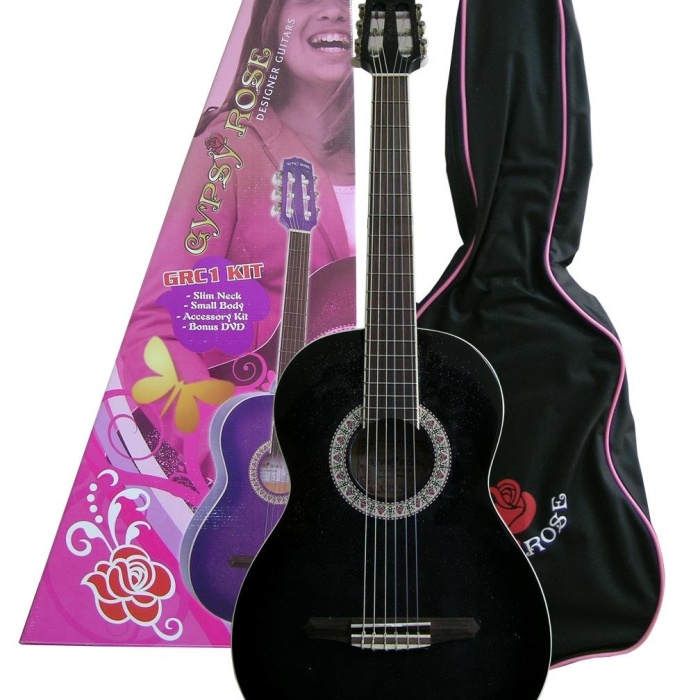 Valencia Gypsy Rose GRC1KCBK Klasik Gitar Seti (Siyah) | 7/8 Boyut - İnce Sap - Şık Tasarım