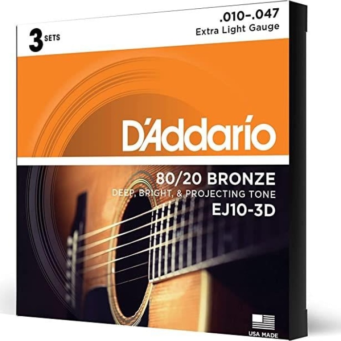 DAddario EJ10-3D Phosphor Bronze Serisi Akustik Gitar Tel Seti (Extra Light - 10-47 - 80/20 Bronze)