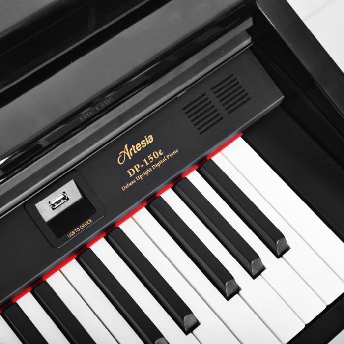 Artesia DP-150E-BP Dijital Piyano - Lake Siyah (Üst Segment - Konsol Piyano) | Parlak Lake Siyah (Black Polished) Finish, Gerçekçi Çekiç Aksiyonu, Yüksek Güçlü Hoparlör Sistemi | Ölçüler: 1370 x 430 x 840 mm
