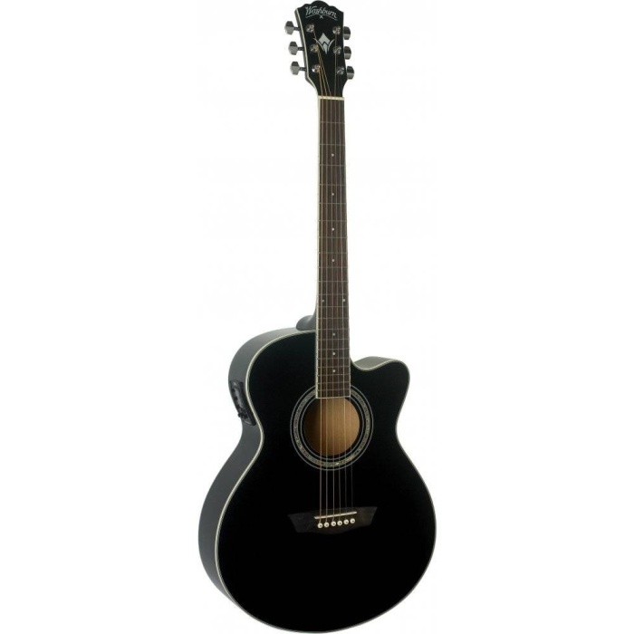 Washburn EA12B Mini Jumbo Elektro Akustik Gitar - Siyah (Profesyonel - Festival Serisi) | Dar Kasa (Mini Jumbo), Ihlamur Gövde, Dahili Preamp ve Akort Cihazı | Ölçüler: 648 mm Skala Uzunluğu