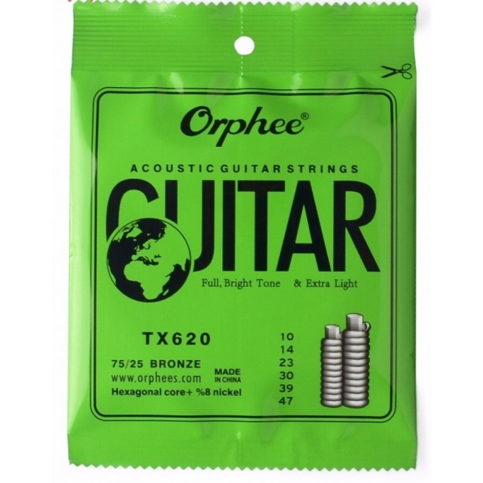 Orphee TX620 Akustik Gitar Teli Seti (Aksesuar - Phosphor Bronze) | %75 Bakır ve %25 Kalay Karışımı, Parlak ve Zengin Harmonikler, Korozyona Dayanıklı Kaplama | Ölçüler: 010-047 Extra Light