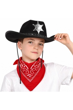 Çocuk Kovboy Şapka Rozetli Siyah ve Kırmızı Bandana Seti