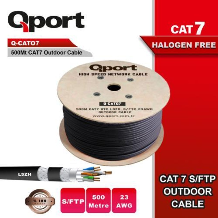 Qport Q-CAT07 S/FTP 23AWG CAT7 500mt LSOH Siyah Full Bakır Kablo