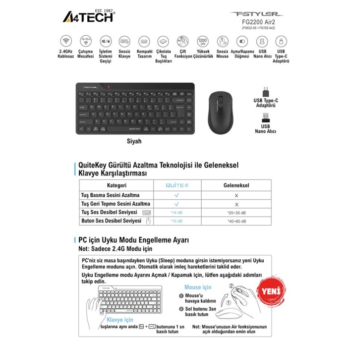 A4 TECH FG2200 AIR2 2.4 SİYAH QMİNİ FN-MM KABLOSUZ SESSİZ SET