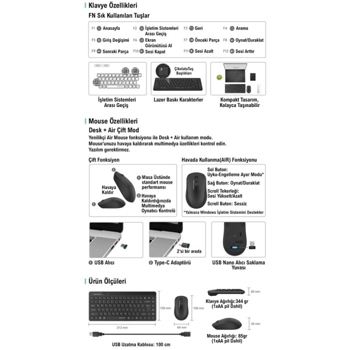 A4 TECH FG2200 AIR2 2.4 SİYAH QMİNİ FN-MM KABLOSUZ SESSİZ SET
