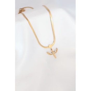 Mikail Figür Zirkon Taş Detay Gold Renk Çelik İtalyan Zincir Kadın Kolye - Lisinya