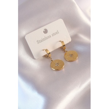 Çelik Gold Renk Kutup Yıldızı İşleme Zirkon Taşlı Kadın Küpe - Lisinya