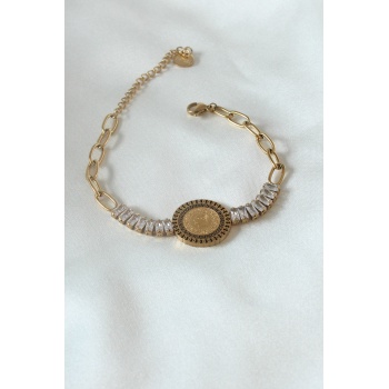 316L Çelik Gold Renk Tam Altın Modelli Zirkon Taşlı Kadın Bileklik - Lisinya