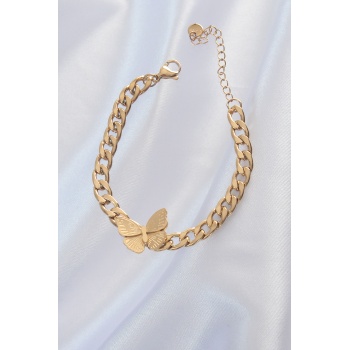 316L Çelik Gold Renk Kelebek Figür İşleme Detay Zincir Model Kadın Bileklik - Lisinya