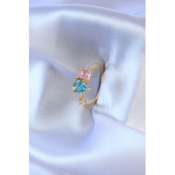 Gold Renk Renkli Zirkon Taşlı Pirinç Kadın Yüzük - Lisinya