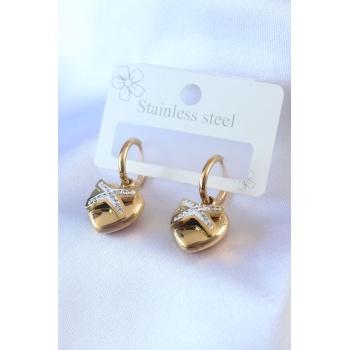 316L Çelik Gold Renk Zirkon Taş Detay Kalp Model Kadın Küpe - Lisinya