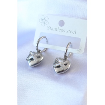 316L Çelik Gümüş Renk Zirkon Taş Detay Kalp Model Kadın Küpe - Lisinya