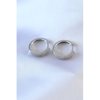 Gümüş Renk Zirkon Taşlı Halka Model Pirinç Kadın Küpe - Lisinya