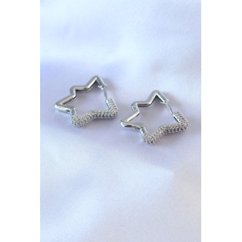 Gümüş Renk Yıldız Model Zirkon Taşlı Pirinç Kadın Küpe - Lisinya