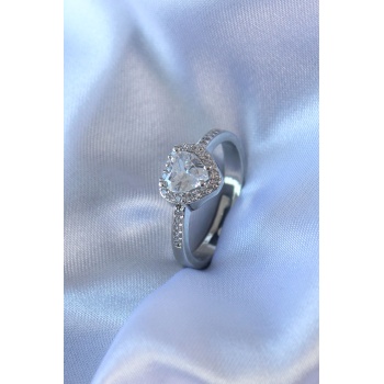 Gümüş Renk Kalp Zirkon Taşlı Charm Model Pirinç Kadın Yüzük - Lisinya
