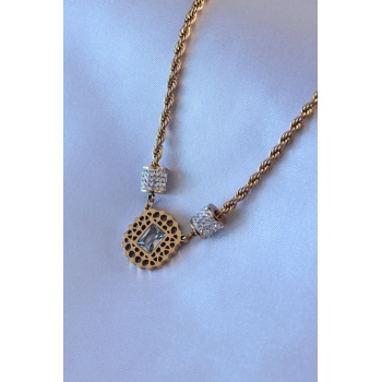 316L Çelik Gold Renk Lotus Model Zirkon Taşlı Burgu Zincir Kadın Kolye - Lisinya