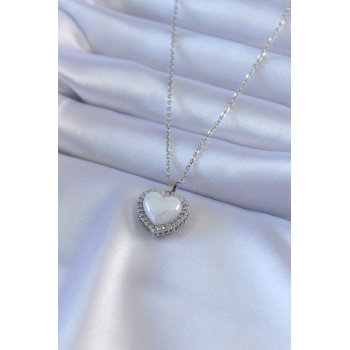 316L Çelik Gümüş Renk İncili Kalp Model Zirkon Taşlı Kadın Kolye - Lisinya