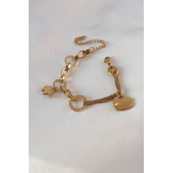 316L Çelik Gold Renk 2li Zincir Model Zirkon Taş Detay Kadın Bileklik - Lisinya
