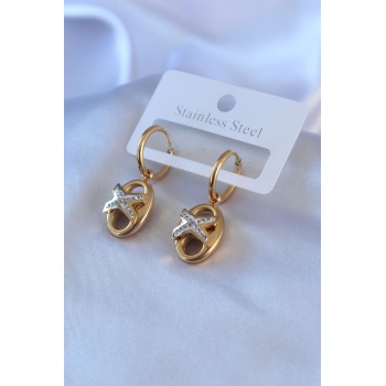 316L Çelik Gold Renk Zirkon Taş Detay Kadın Küpe - Lisinya