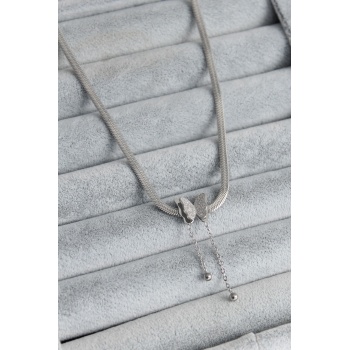 316L Çelik Gümüş Renk İtalyan Zincir Model Simli Kelebek Figür Kadın Kolye - Lisinya