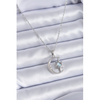 316L Çelik Gümüş Renk Zirkon Taşlı Ay Yıldız Model Kadın Kolye - Lisinya