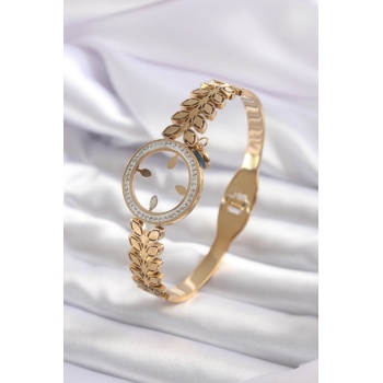 316L Çelik Gold Renk Çeyrek Takılabilen Zirkon Taş Detay Kadın Kelepçe - Lisinya