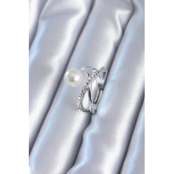 Gümüş Renk Zirkon Taşlı İncili Kadın Yüzük - Lisinya