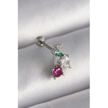 316L Çelik Gümüş Renk Zirkon Taşlı Tragus Piercing - Lisinya