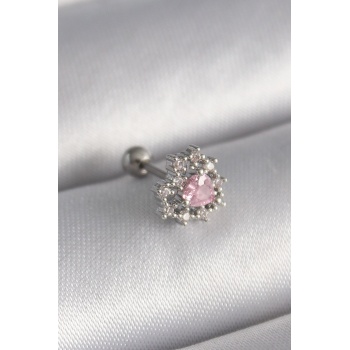 316L Çelik Gümüş Renk Zirkon Taşlı Kalp Tragus Piercing - Lisinya