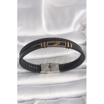 316L Çelik Gold Renk Kanat Aksesuarlı Siyah Burgu Model Deri Kordon Erkek Bileklik - Lisinya
