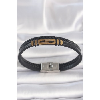 316L Çelik Gold Renk Aksesuarlı Çift Sıra Siyah Burgu Desenli Deri Kordon Erkek Bileklik - Lisinya